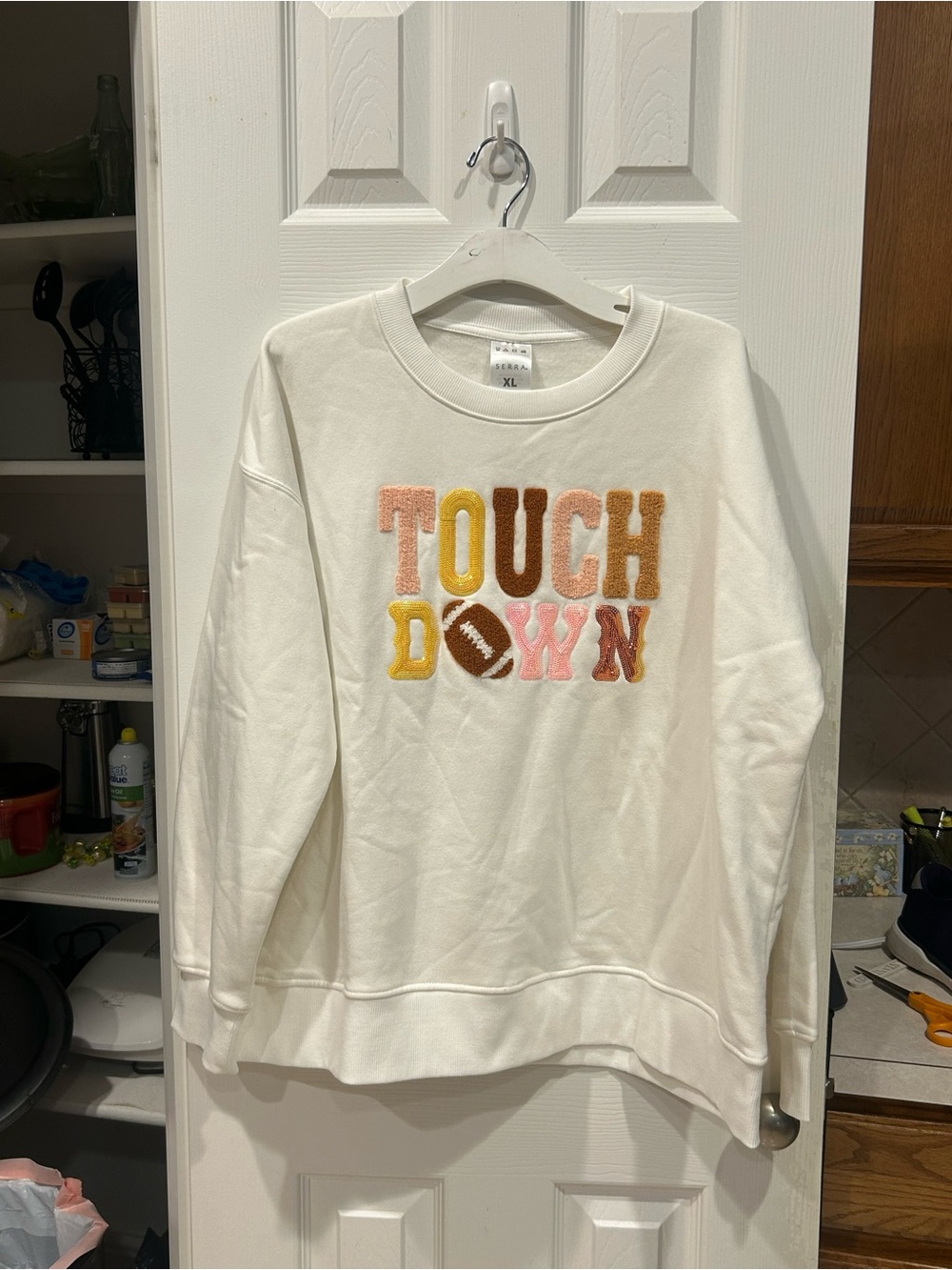 Serra White Crewneck Football Sweater with Multicolor 'TOUCHDOWN' Chenille